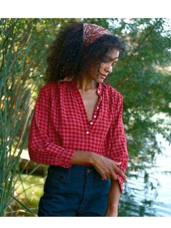Doen Tops - Doen NEW Holde Blouse Rouge Red Plaid Half Button Long Sleecs Top XS